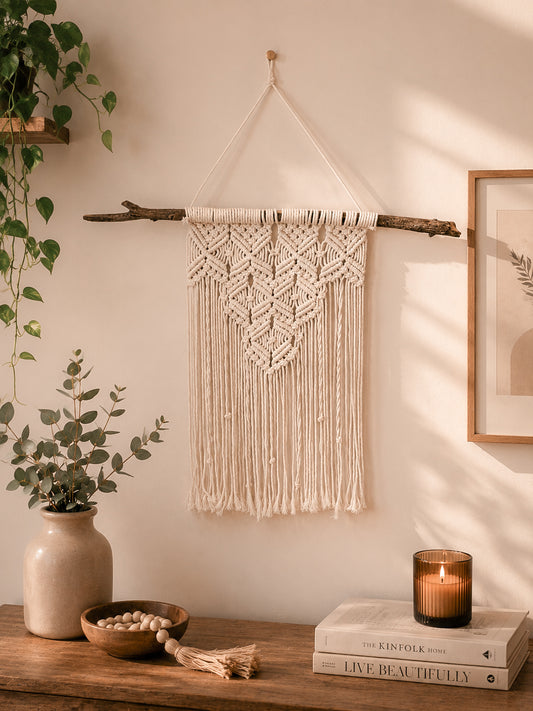 Medium Diamond Macramé Tapestry - Natural