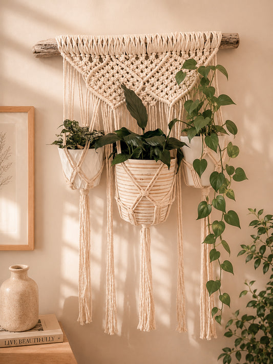 Macramé Three Potted Plant Holder - Natural